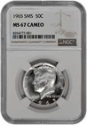 1965 SMS 50c Kennedy Half Dollar NGC Graded MS 67 Cameo White Coin in New Holder