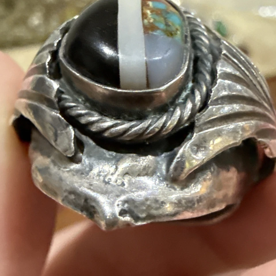 Prata esterlina vintage nativa americana turquesa e coral 22,17 gramas tamanho 11 - Imagem 3 de 4