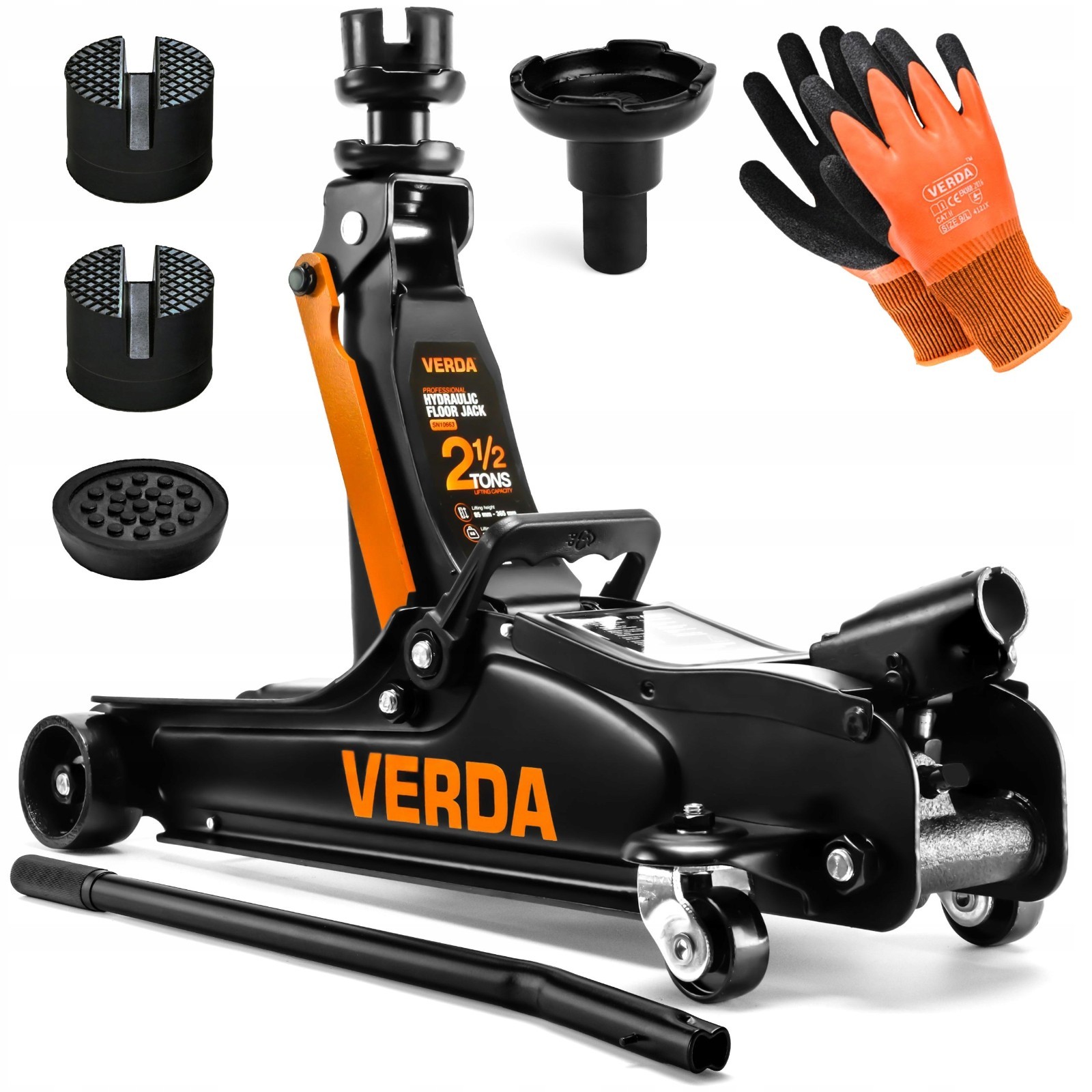 Cric hydraulique bas 2.5T VERDA avec hauteur mini 85 mm et ses accessoires de levage