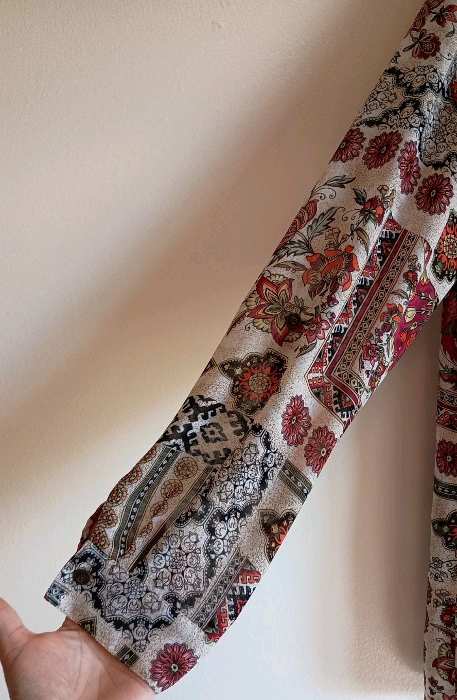 Boho Patchwork Floral Blouse L Button Front Top L… - image 4