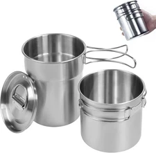 "Foldable Stainless Steel Camping Cups Set - Lightweight 2-Piece Pot Cookware "