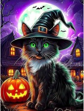 Adorable Black Cat in Witch's Hat 5D Diamond Drill Dot Art Kit Jack-O-Lantern Ba