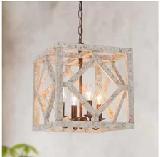 LNC Farmhouse Antique White Wood Chandelier with Weathered Square Cage Pendant