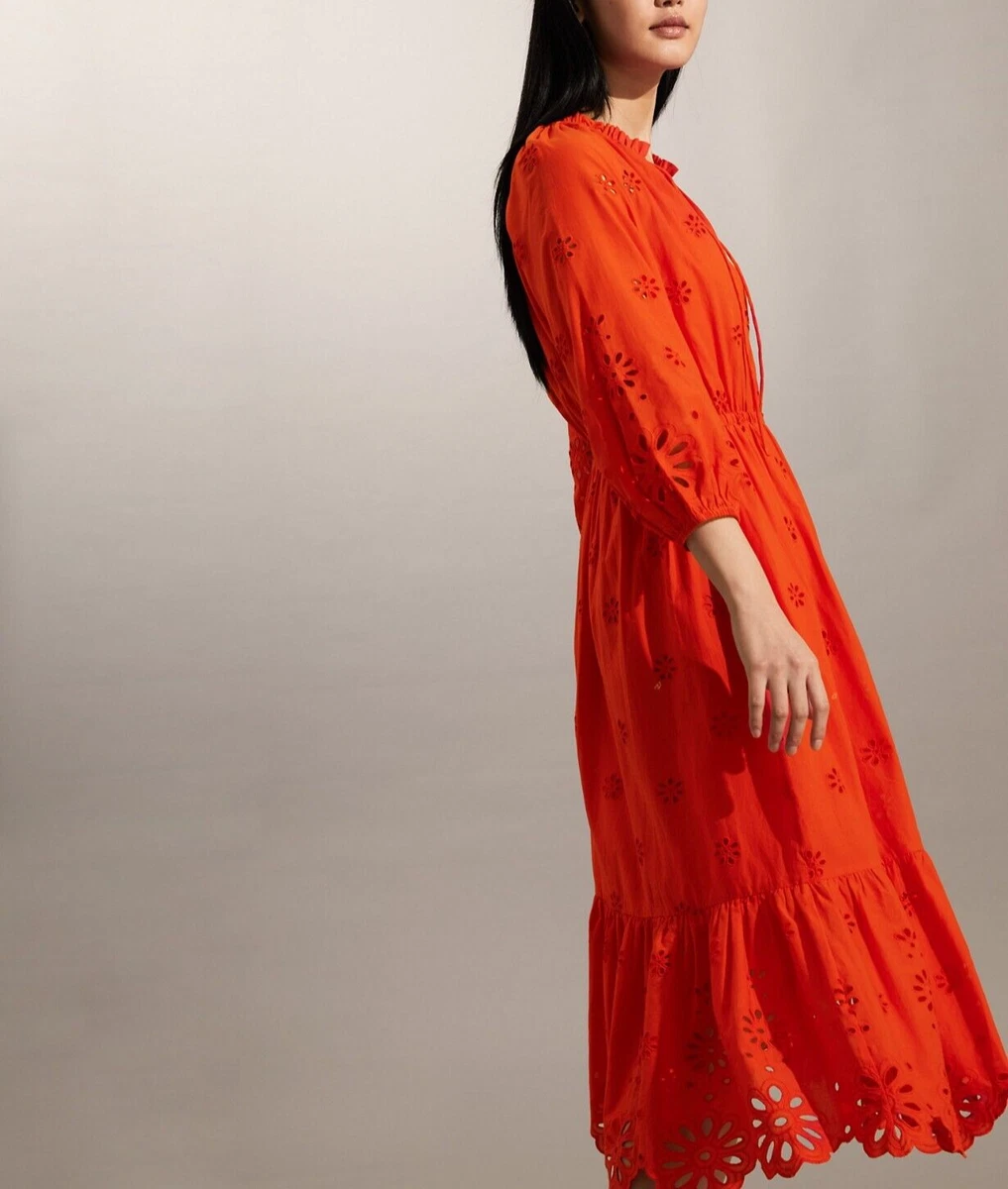 JAEGER RED Pure Cotton Broderie Anglaise Cutwork Tie Neck Midi Dress size 14