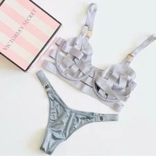 32D SMALL Victoria’s Secret silver harness banded bra set bling thong panties