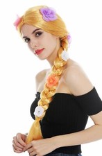 Perücke Karneval Damen lang Zopf geflochten Goldblond Blond Blumen Goldmarie 