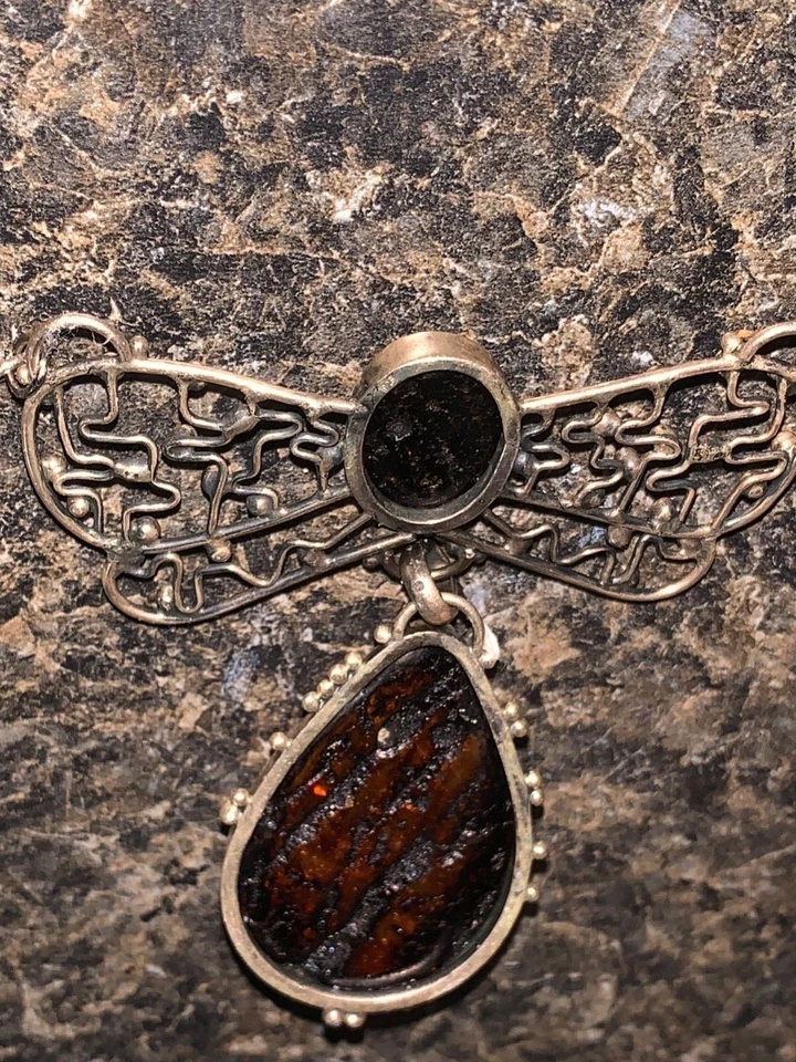 波罗的海琥珀吊坠泪滴纯银复古手工蝴蝶! 圣诞节 — 第 3/4 张图片