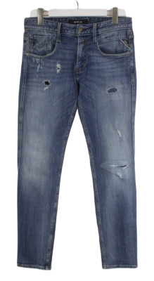 REPLAY Anbass M914 Jeans Men's W30/L32 Slim Fit Whiskers Faded Ripped Blue