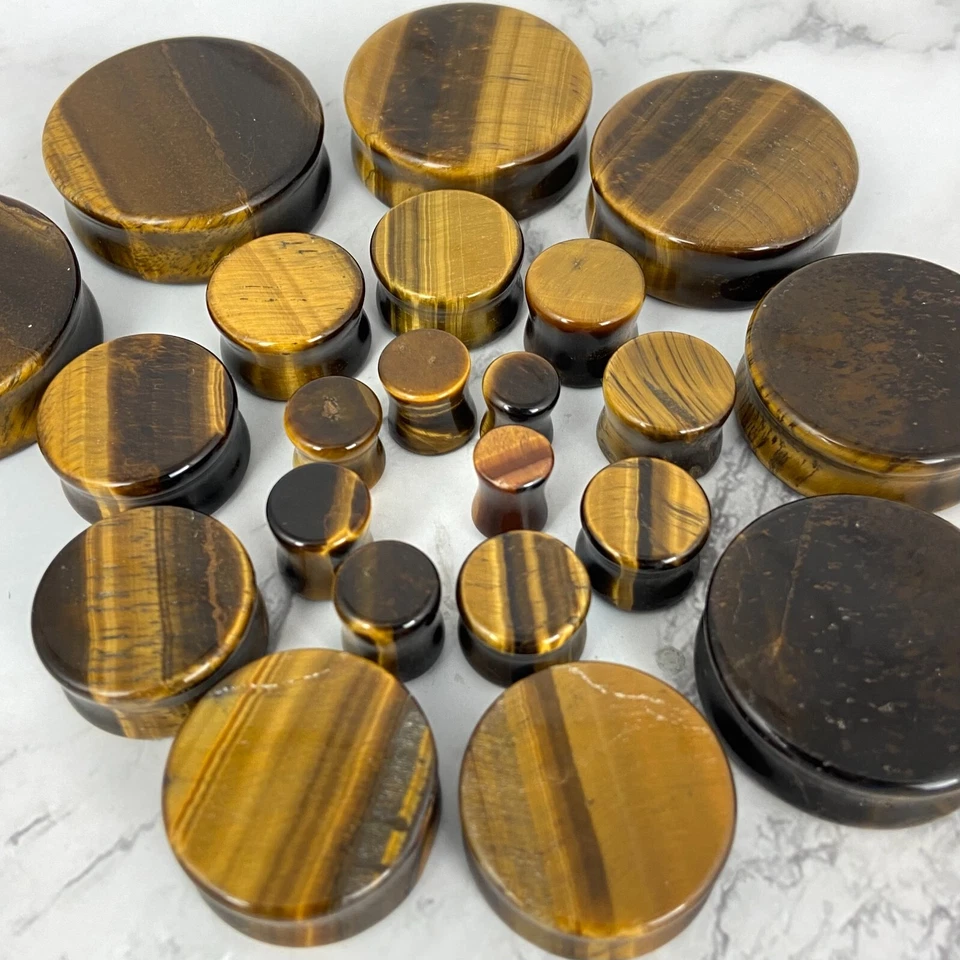 Par de tapones de piedra ojo de tigre conjunto medidores ELIGE EL TAMAÑO orgánico Foto 4 de 4