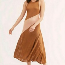 Free People Sunburst Colour Block Silky Midi Dress, Brown, Small, RRP $88