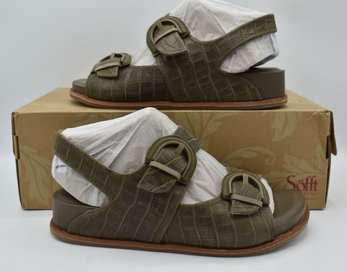 Sofft Womens Size 11 Adalia Olive Buckle Croc Embossed Suede Leather Sandals - Picture 3 of 11