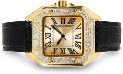 Iced out 32mm Gold Black Leather Band Watch   Square Shape, Sleek Roman Dial