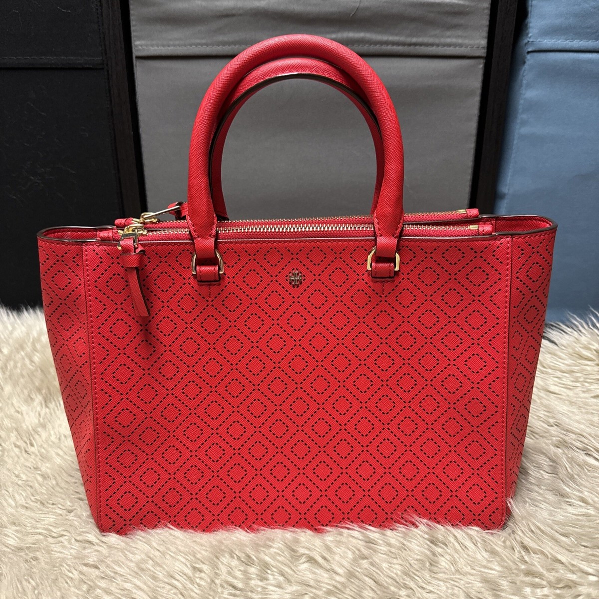 Tory Burch Robinson Double-Zip Tote Red Perforated Leather