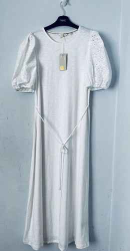 Boden White Broderie Puff Sleeves Mix Jersey Midi Dress Size UK 12 Summer - Picture 7 of 12