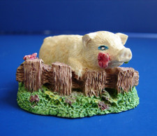 Vintage Enesco Miniature Pig behind fence with flower in his mouth Figurine
