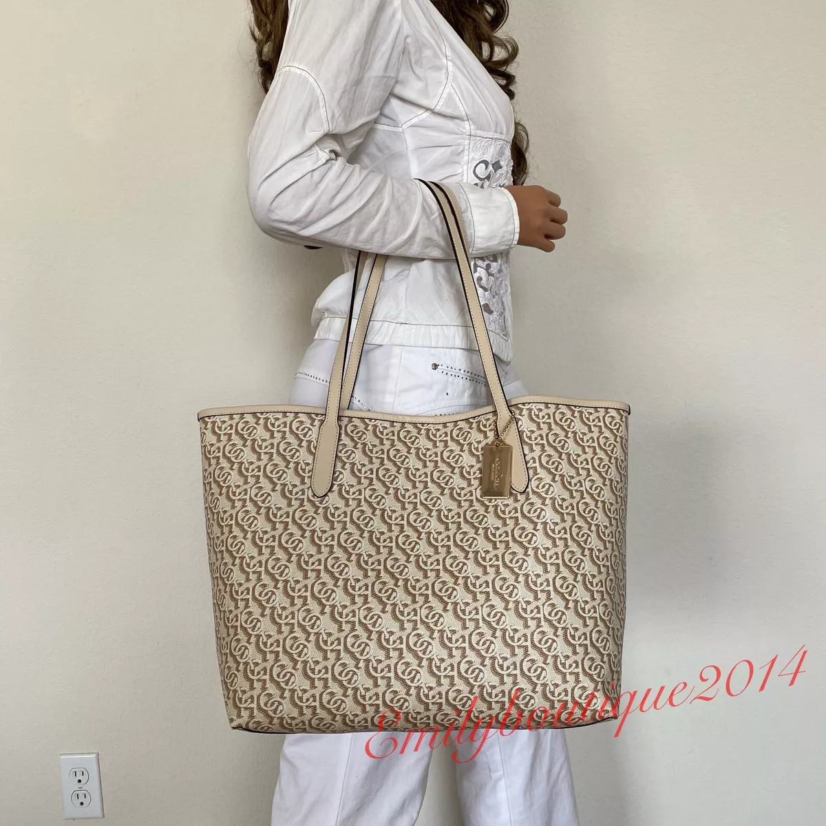 NWT Coach CF342 City Tote with Monogram Print in Canvas & Leather Gold Chalk Bag