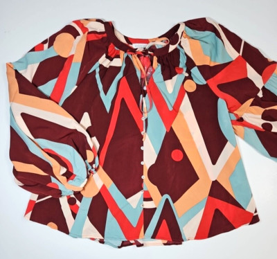August Sky for Anthropologie Brown Abstract Print Long Sleeve Blouse Top