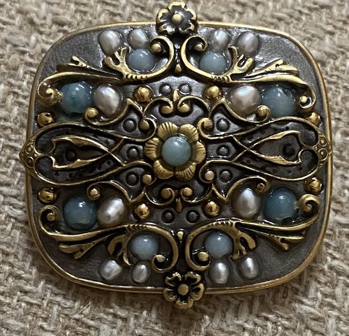 Vintage MICHAL GOLAN Freshwater Pearl Enamel Green Stone Pin Brooch Pendant - 第 1/2 張圖片