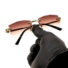 Luxury Brown Gradient Tint Rimless Gold Wire Frame Unisex Shades Sunglasses