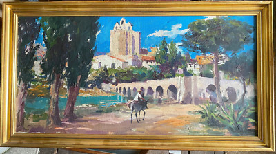 ::OIL PAINTING SIGN.DAUGÈ RIDER VIEW WITH DONKEY WITH ORIENTAL CITY