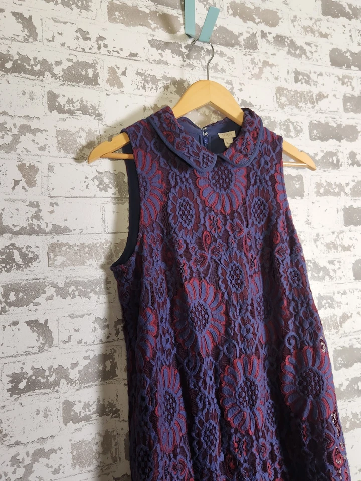 J. Crew Shift Dress Size 8 Blue Red Floral Lace Overlay Party Festive Romantic - Image 3 of 4