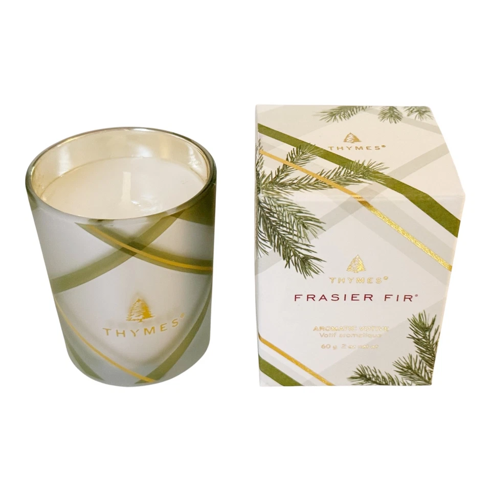 Thymes Frasier Fir Votive – Frosted Plaid Coll. Green Gold & White Glass Jar NEW - Image 3 of 4