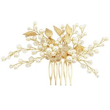 Gold Leaf Bridal Hair Comb Crystal Pearl Wedding Hair Piece for Women Girls