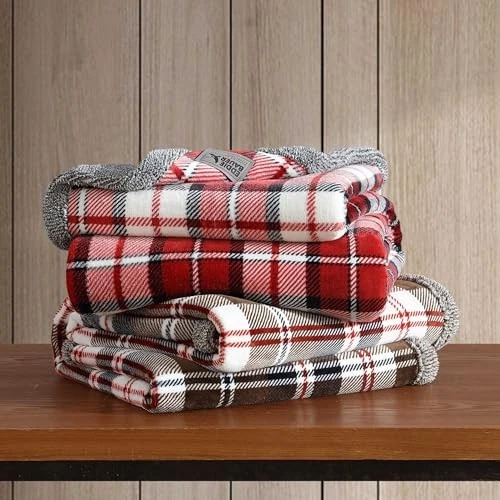 - Manta, Ropa de Cama de Felpa Sherpa Reversible, 50 x 70 Parkwood Cuadros Rojo Foto 4 de 4