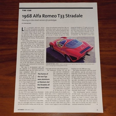 ALFA ROMEO 1968 T33 STRADALE MAGAZINE ARTICLE AUTOWEEK DANCING IN THE STREET