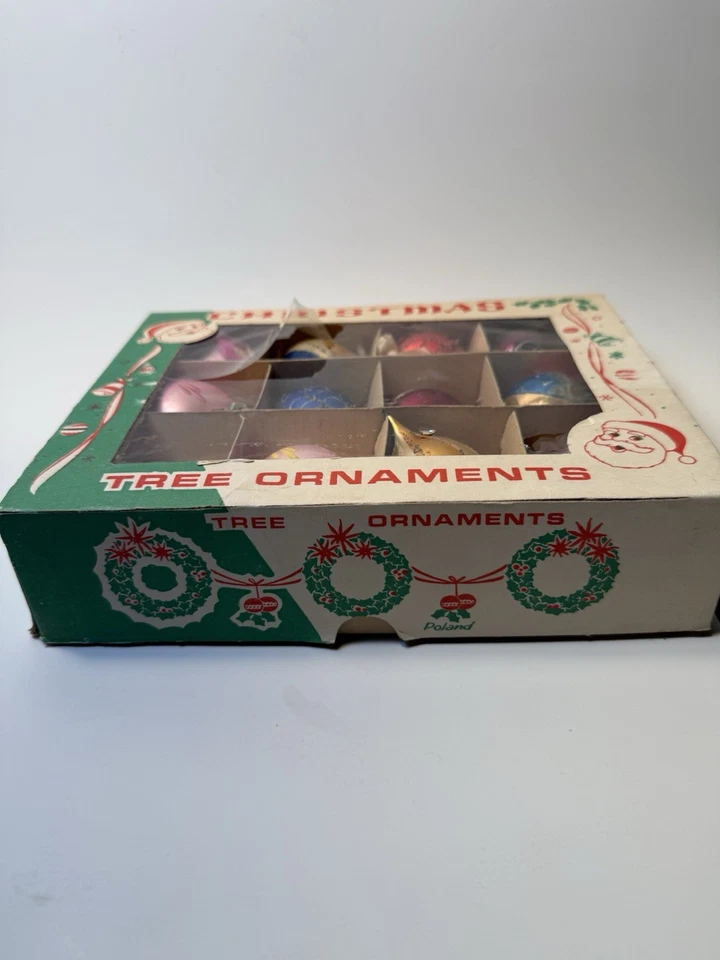 Caja De Colección De 12 VIDRIO DE MERCURIO Polaco Adornos Navideños Nieve Mica Pintado A Mano Foto 2 de 4