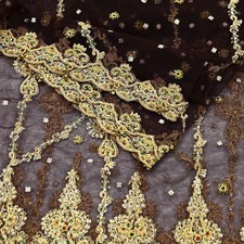 Indian Vintage Heavy Brown Dupatta Net Mesh Stole Hand Embroidered Scarf Zardozi