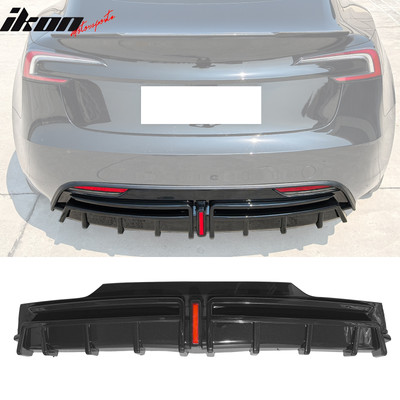 Fits 24-25 Tesla Model 3 Highland Rear Bumper Diffuser Gloss Black Lip LED Apron