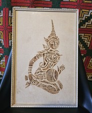 Vintage Thai Temple Rubbings of Seated Drummer Framed Picture On Rice Paper