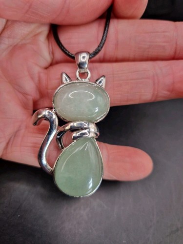 Aventurine Gemstone Cat Necklace Choice Of Silver Plated Chain Or Black... - Picture 7 of 9