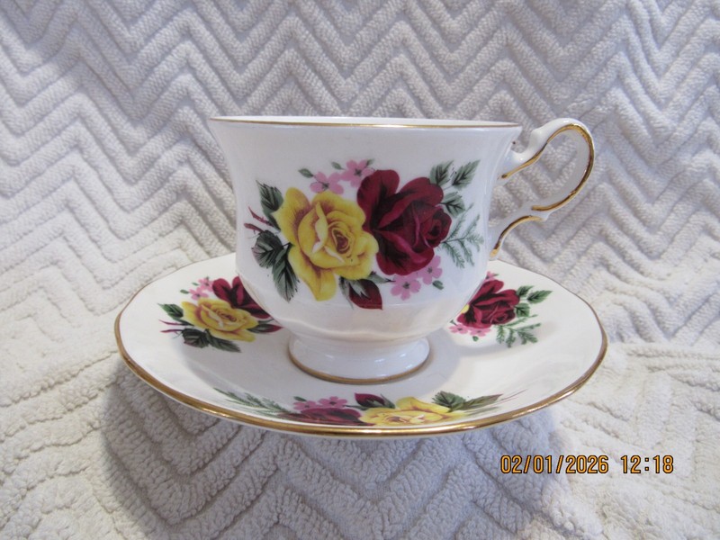 Queen Anne Cup & Saucer Red & Yellow Rose Design 8630 Bone China