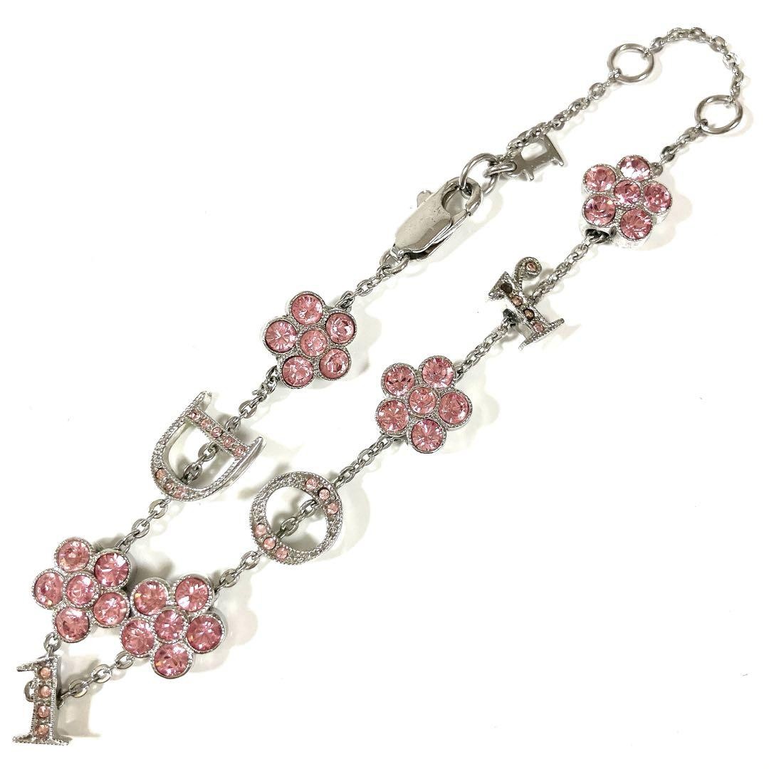 Christian Dior Flower Rhinestone Logo Bracelet Silver Pink