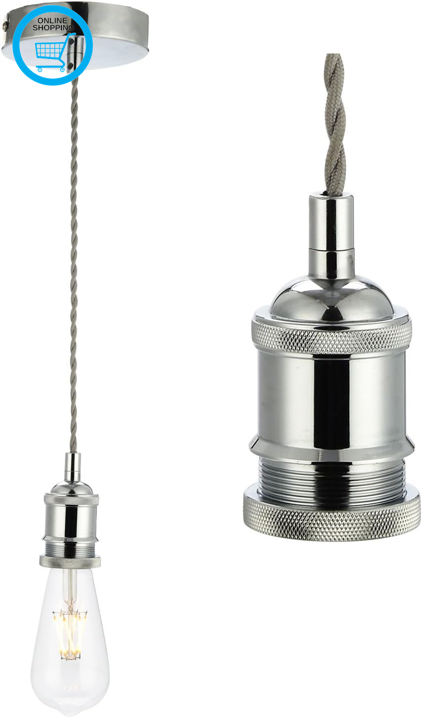 Vintage Ceiling Pendant Light Fitting, Light Grey Twisted Braided Flex,E27 Lamp