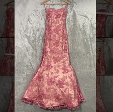 Pink Gold Embroidered Lace Floral Formal Gown Prom Hoco Mermaid Dress Size XS