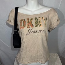 DKNY Jeans Camo Graphic Off Shoulder Top Studded Logo Size M