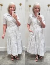 Evereve Ella Midi Cotton Tiered Shirt Dress L Large Blue White Striped Pockets