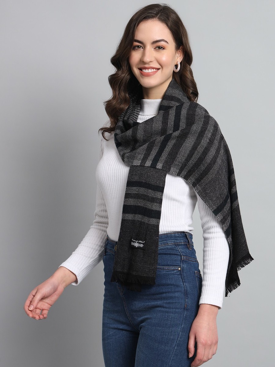 Winter Unisex 100% Cashmere India Made Black Grey Striped Scarves