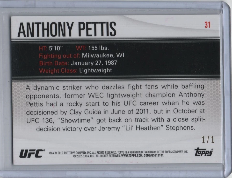2012 Topps UFC Knockout Mat Parallel #31 Anthony Pettis 1/1 - Image 2 of 2
