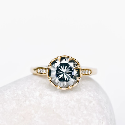 Birth Stone Grey Moissanite Bezel Set Engagement Ring gift gor her brides made