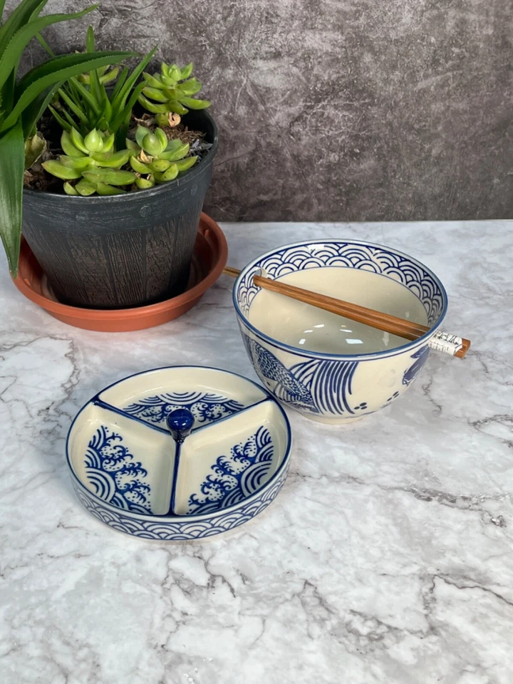 6-дюймовая восточная голубая миска для риса с рыбой кои бежевая керамическая рамен лапша - Изображение 3 из 4