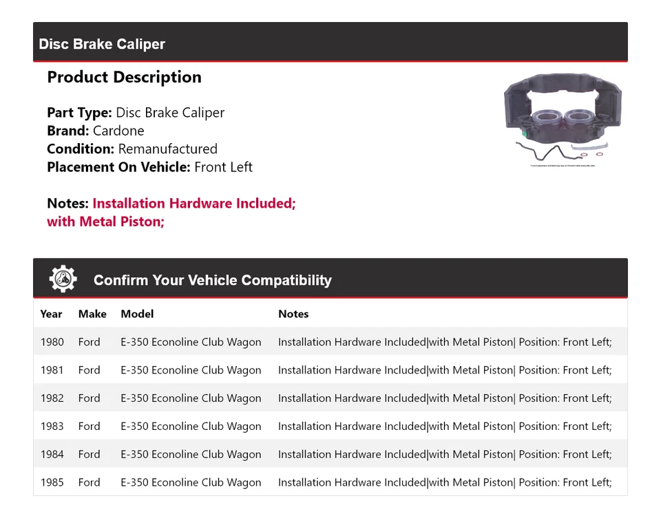 Pinza de freno de disco para Ford E-350 Econoline Club Wagon 1980-1985 Fr izquierda Cardone Foto 2 de 4