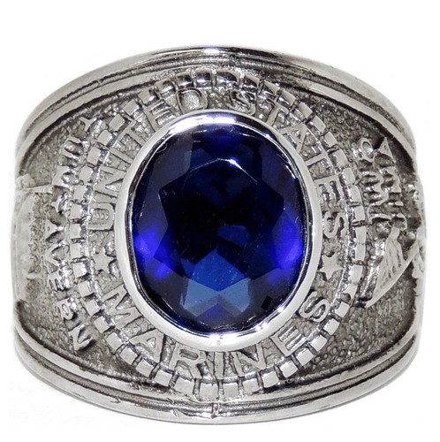 Mens 316 Stainless Steel Blue Sapphire CZ Marine / Military Wide Band Ring - Picture 2 of 4