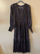 ULLA JOHNSON KNEE SATIN DRESS DARK BROWN  Sz 2 embroidery on the sleeves F8