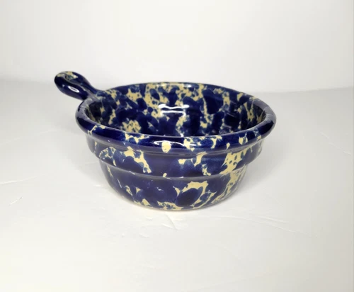 VTG Bennington Pottery Bowl Blue Agate Bistro Soup Handle Art Pottery Vermont