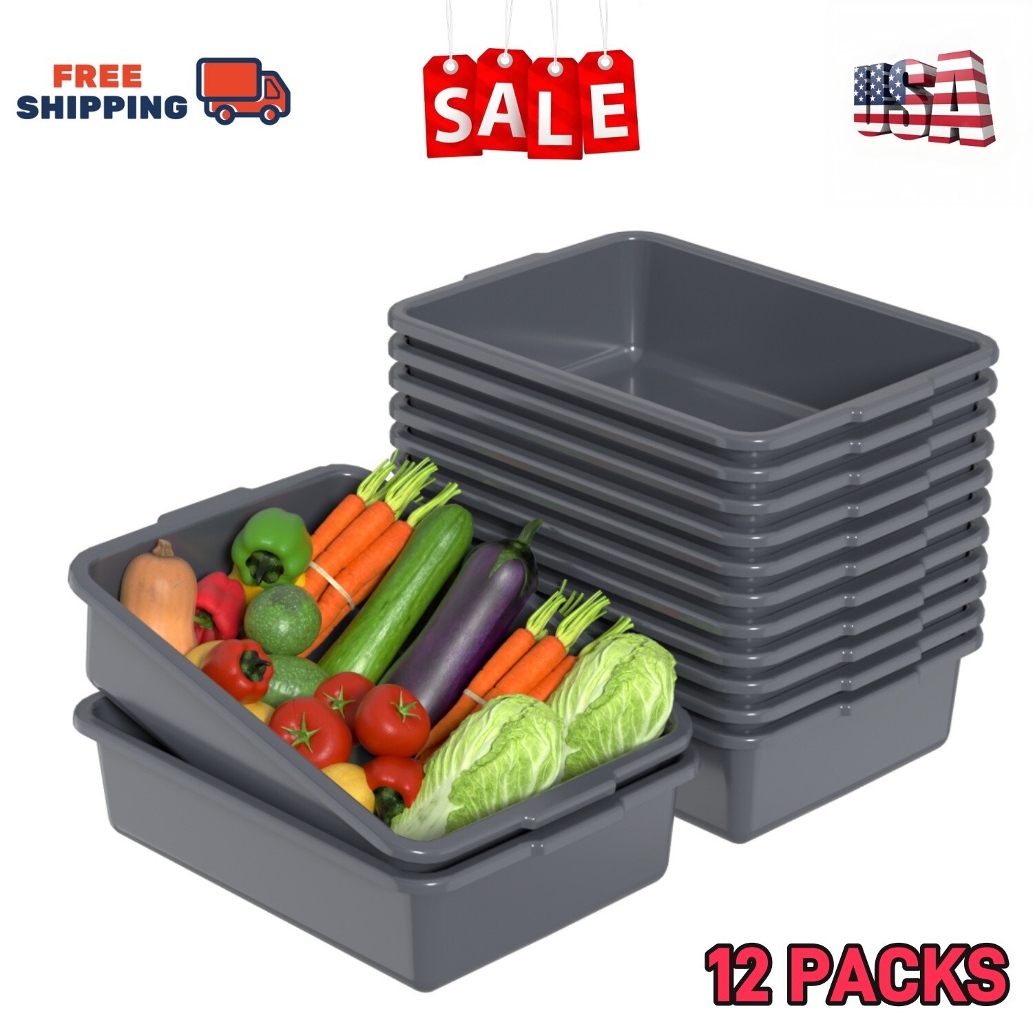 Kekow 12-Pack 13 L Commercial Bus Tubs/Bus Box, Gray Large Plastic Tote Box