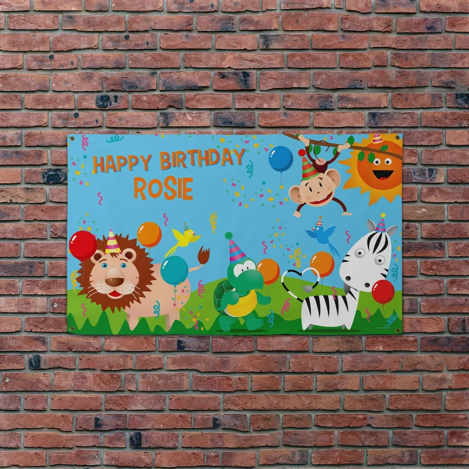 Banner de cumpleaños personalizado de tela de animales de la selva para niños - 5x3 pies | Cualquier nombre y edad  Foto 3 de 4